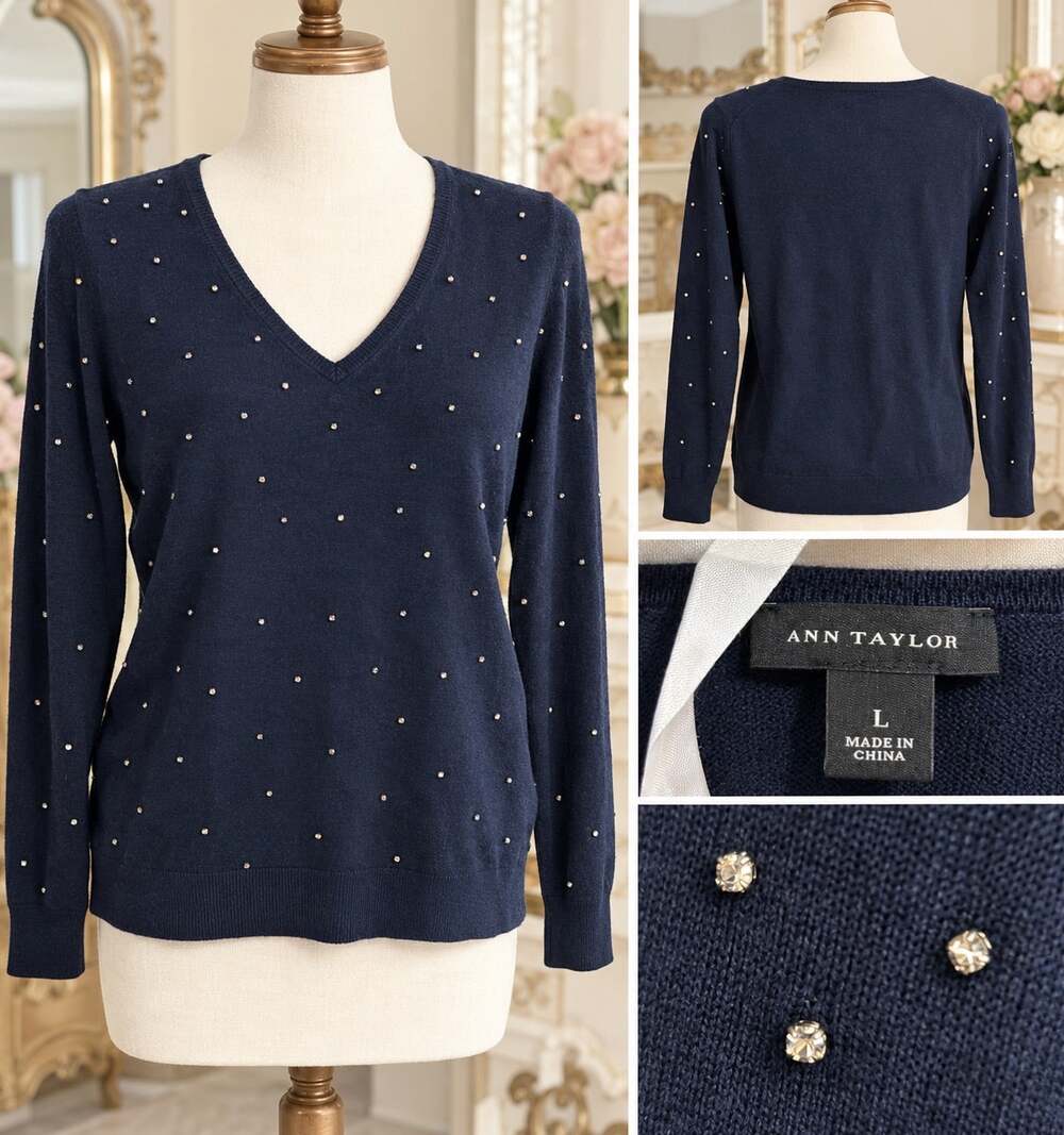 Ann Taylor Womens Large Navy Blue Rhinestone Studded V Neck Pullover Sweater